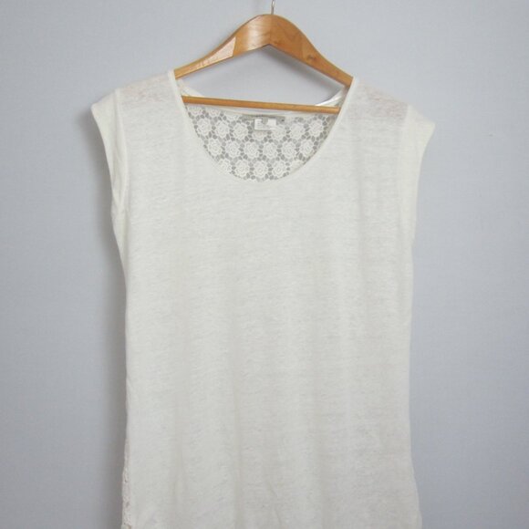 Gerard Darel Womens M Ivory Cap Sleeve Linen Knit Shirt Floral Cotton Lace Back - Picture 7 of 11